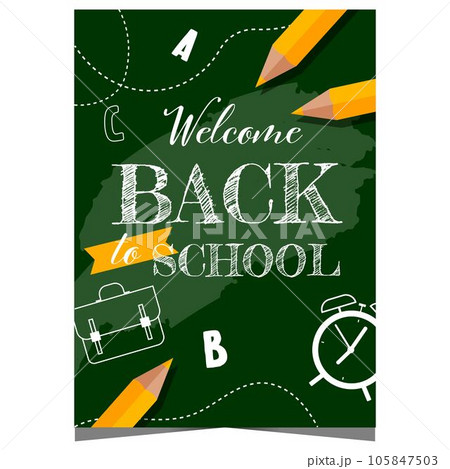 Back to school design template with chalk writing on blackboard and school supplies. Welcome back to school poster or banner for pupils and teachers to celebrate the start of the new school year. 105847503