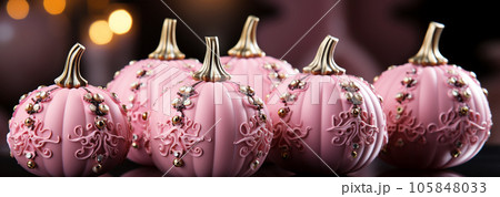 Barbie style pink pumpkins, Halloween holiday, fall harvest, fairy tale storyline 105848033