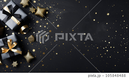 Black giftbox background with copyspace for yor text. Black friday concept. Generative AI. 105848488