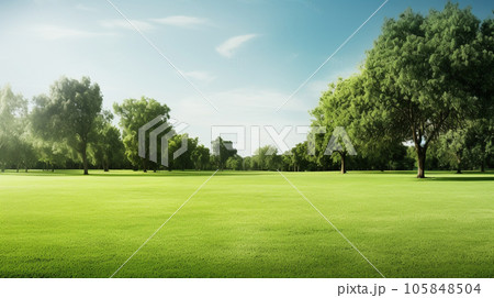 Green lawn and trees background with copyspace....のイラスト素材 [105848504 ...