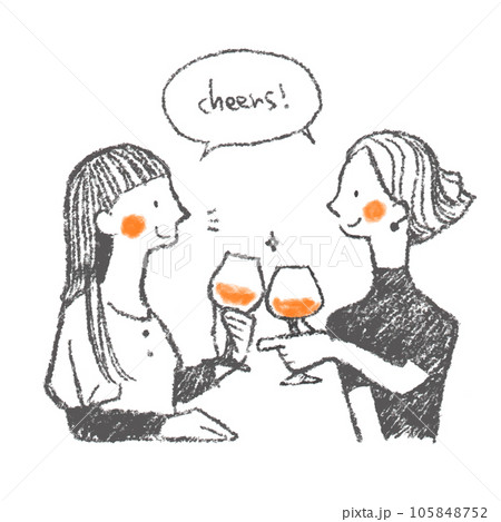 ワインで乾杯をする笑顔の女性 シンプルでお洒落な手描きの線画イラスト ワインで乾杯をする笑顔の女性 シンプルでお洒落な手描きの線画イラスト 105848752