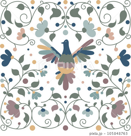 Mexican otomi embrodery seamless pattern. Colorful Mexican Traditional Textile Embroidery Style. Folk otomi style graphic, wallpaper. Festive mexican floral motif. 105848763