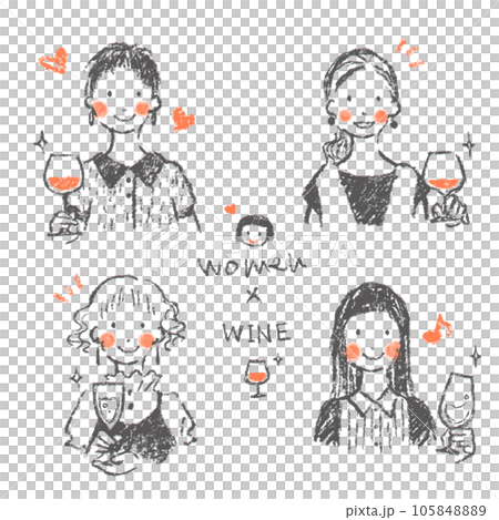 ワインを楽しむ女性たち　ナチュラルでお洒落な手描きの線画イラスト 105848889