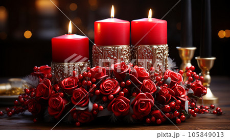 Christmas candle arrangement with flowers, new year and advent concept, christmas card Christmas candle arrangement with flowers, new year and advent concept, christmas card 105849013