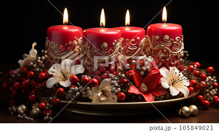 Christmas candle arrangement with flowers, new year and advent concept, christmas card 105849021