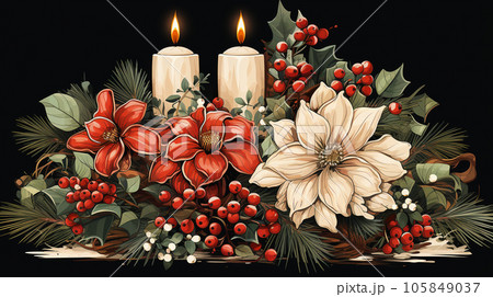 Christmas candle arrangement with flowers, new year and advent concept, christmas card 105849037