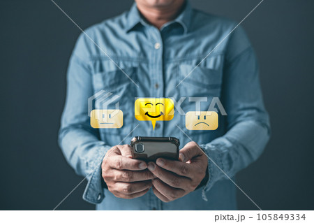 a client use smartphone select on the five star to give satisfaction in service.rating very impressed.Customer service and Satisfaction concept. a client use smartphone select on the five star to give satisfaction in service.rating very impressed.Customer service and Satisfaction concept. 105849334