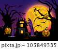 vector illustration Halloween silhouette with elements Trees, full moons, castles, pumpkins, funerals, bats. 105849335