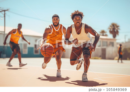 Two African American street basketball players having training outdoor. Generative AI illustration 105849369