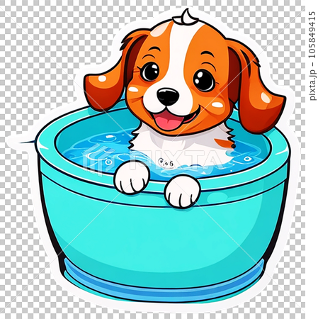 cute dog sitting in bolw 105849415