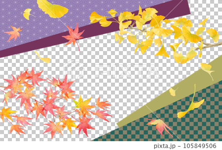 A watercolor illustration of yellow-colored ginkgo and red-colored maples. Frame decoration of traditional Japanese patterns and autumn leaves A watercolor illustration of yellow-colored ginkgo and red-colored maples. Frame decoration of traditional Japanese patterns and autumn leaves 105849506