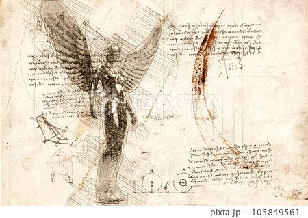 3d illustration - woman angel with wings drawing in style of Leonardo Da Vinci 105849561