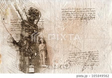 3d illustration - woman angel with wings drawing in style of Leonardo Da Vinci 105849562