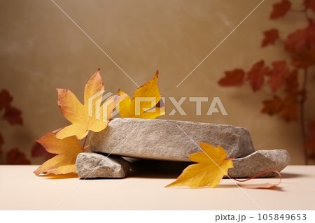 Autumn showcase made of natural stone, autumn foliage. Empty Podium presentation cosmetics. Minimalistic branding scene. 105849653