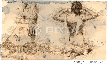 illustration - woman and horse drawing in style of Leonardo Da Vinci illustration - woman and horse drawing in style of Leonardo Da Vinci 105849732