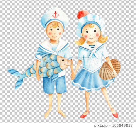 Cute little sailor boy and girl in marine suits with fish net and sea shell. Watercolour nautical illustration for children. Hand painted on white background. For children cards, posters, baby 105849815