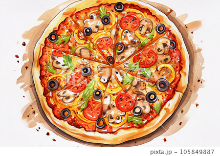 水彩画のピザ、俯瞰のイラスト素材 [105849887] - PIXTA