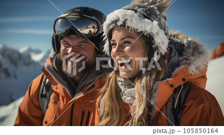 Young Adult Couple Enjoying Their Ski Lift or Tram Ride on a Beautiful Winter Day. Generative AI. 105850164