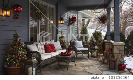 Beautiful Christmas decorated front door and porch of a house on a winter evening. Generative AI. 105850364