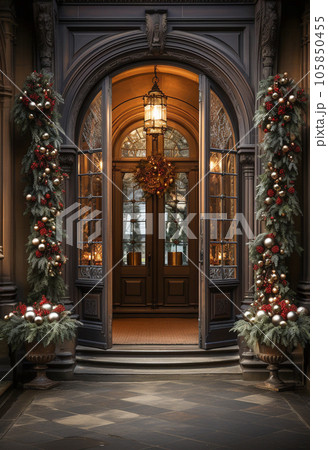 Beautiful Christmas decorated front door and porch of a house on a winter evening. Generative AI. 105850455