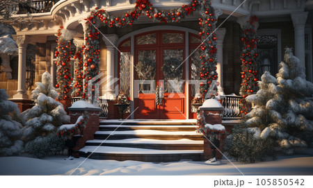 Beautiful Christmas decorated front door and porch of a house on a winter evening. Generative AI. 105850542
