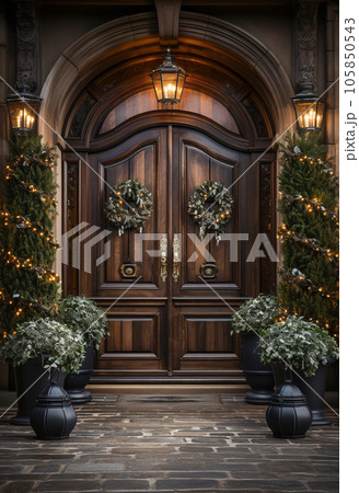 Beautiful Christmas decorated front door and porch of a house on a winter evening. Generative AI. 105850543
