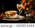 Half cut pumpkin pie revealing a rich golden spiced filling is elegantly served on a rustic wooden table  105851044