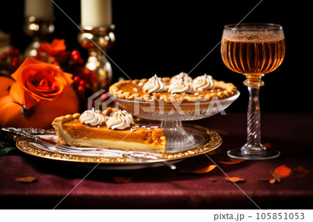 Half cut pumpkin pie revealing a rich golden spiced filling is elegantly served on a rustic wooden table Half cut pumpkin pie revealing a rich golden spiced filling is elegantly served on a rustic wooden table 105851053