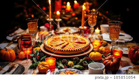 Thanksgiving pumpkin pie is elegantly served with candles on a wooden table  105851054