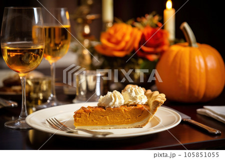 Piece of pumpkin pie revealing a rich golden spiced filling is elegantly served on a rustic wooden table with wine 105851055