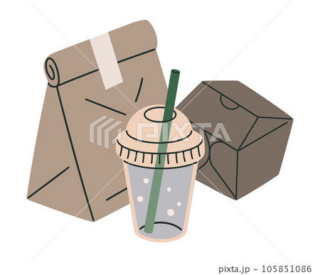 Takeaway food delivery packaging. Paper disposable delivery containers, fast food paper bag, box and plastic cup flat vector illustration 105851086