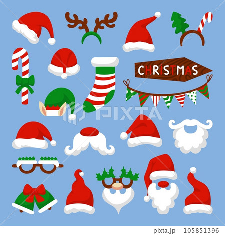 Christmas photo booth colorful santa and deer elements. Selfie decoration, xmas stickers. Red claus and elf hats, neoteric holiday vector set Christmas photo booth colorful santa and deer elements. Selfie decoration, xmas stickers. Red claus and elf hats, neoteric holiday vector set 105851396
