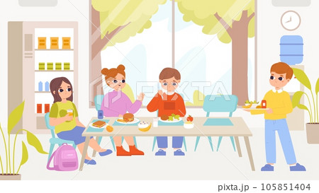 Children group on lunch or breakfast together. Primary school or preschool characters. Kids eating food in canteen, snugly cartoon vector friends 105851404