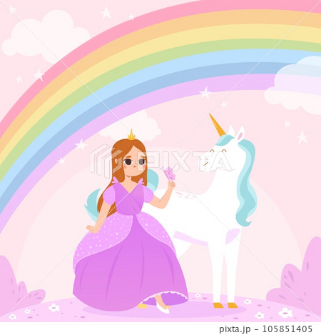 Little princess, sweet girl in dress with magic unicorn. Cartoon beauty fairy tale background, baby graphic art. Fantasy world snugly vector scene 105851405