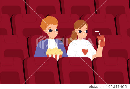 Couple in cinema, movie theater dating. Boy with girlfriend watch film sitting on red seat. People weekend, teenagers entertainment snugly vector scene 105851406
