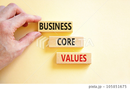 Business core values symbol. Concept words Business core values on wooden block. Beautiful white background. Businessman hand. Business motivational business core values concept. Copy space. 105851675
