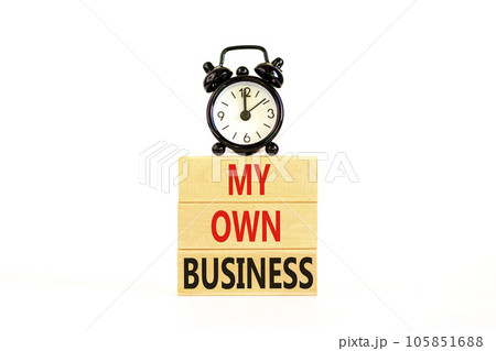 My own business symbol. Concept words My own business on wooden block. Beautiful white table white background. Black alarm clock. Business motivational my own business concept. Copy space. My own business symbol. Concept words My own business on wooden block. Beautiful white table white background. Black alarm clock. Business motivational my own business concept. Copy space. 105851688