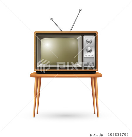 Vector Realistic Retro TV Receiver Isolated on White Background. Home Interior Design Concept. Vintage TV Set in Front View. Television Concept Vector Realistic Retro TV Receiver Isolated on White Background. Home Interior Design Concept. Vintage TV Set in Front View. Television Concept 105851793