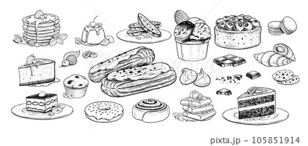 Illustrations set of desserts and bakery 105851914