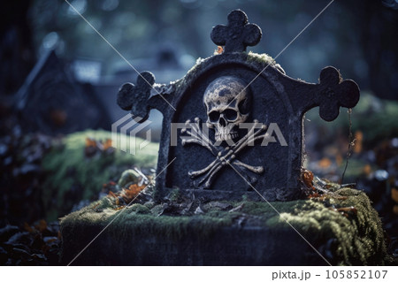 Close-up of an aged tombstone covered with moss 105852107