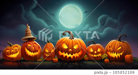 Halloween pumpkins of different sizes and shapes sitting in a row under night sky lit by full moon 105852109
