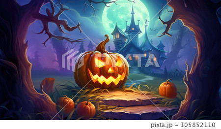 Halloween cartoon illustration with spooky glowing pumpkin 105852110