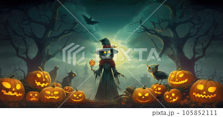 Scary witch standing by lighted pumpkins at Halloween night 105852111