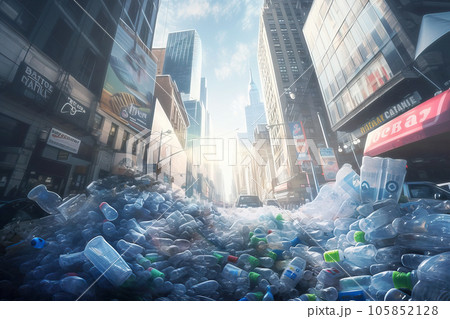 Modern city street engulfed in plastic waste, dystopian perspective of an unsustainable future 105852128