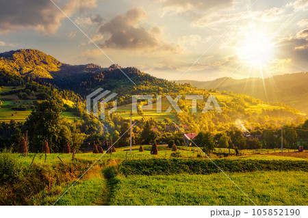 mountainous rural landscape in summer at sunset. village in the valley with haystacks on the hillside near forest. beautiful countryside scenery of ukrainian carpathians in evening light mountainous rural landscape in summer at sunset. village in the valley with haystacks on the hillside near forest. beautiful countryside scenery of ukrainian carpathians in evening light 105852190