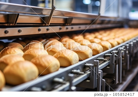 Fresh, just-baked rolls on a production line. 105852417