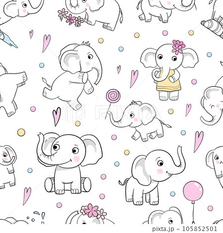 Little elephants pattern. cute wild animals in different poses elephants vector seamless background 105852501