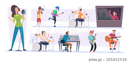 Sound studio. Music production room with singers exact vector illustration in cartoon style 105852530