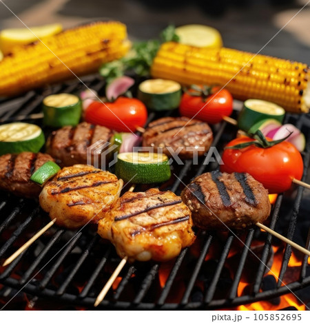 Hamburgers with vegetable on barbecue grill. Generative AI 105852695