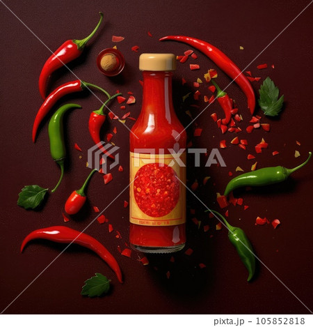Bottle of spicy sauce with red hot chili pepper. Generative AI Bottle of spicy sauce with red hot chili pepper. Generative AI 105852818